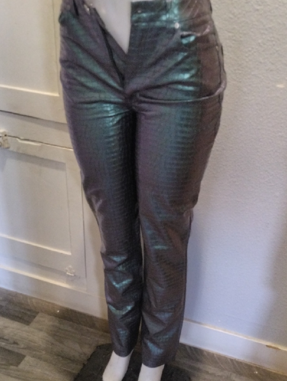 AFRM Iridescent Croc-Embossed Pants in Green and Purple